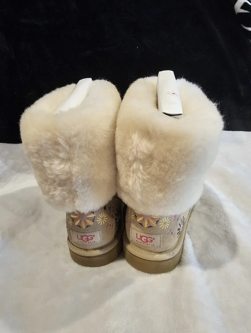 Women’s UGG Beige Floral Embroidered Suede Shearling Winter Boots